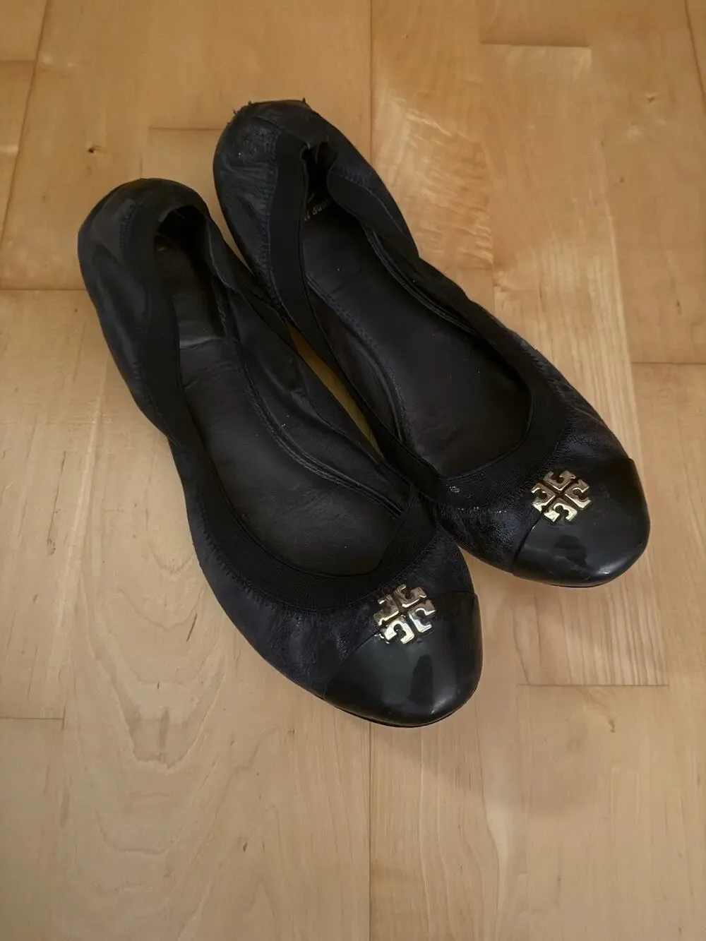 Tory Burch Jolie Logo Ballet Flats Shoes Navy Black Leather Slip On 10
